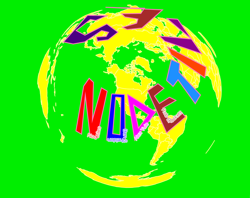 NodeTiles' trippy demo image that says "NODTILES" written across a map ofthe globe