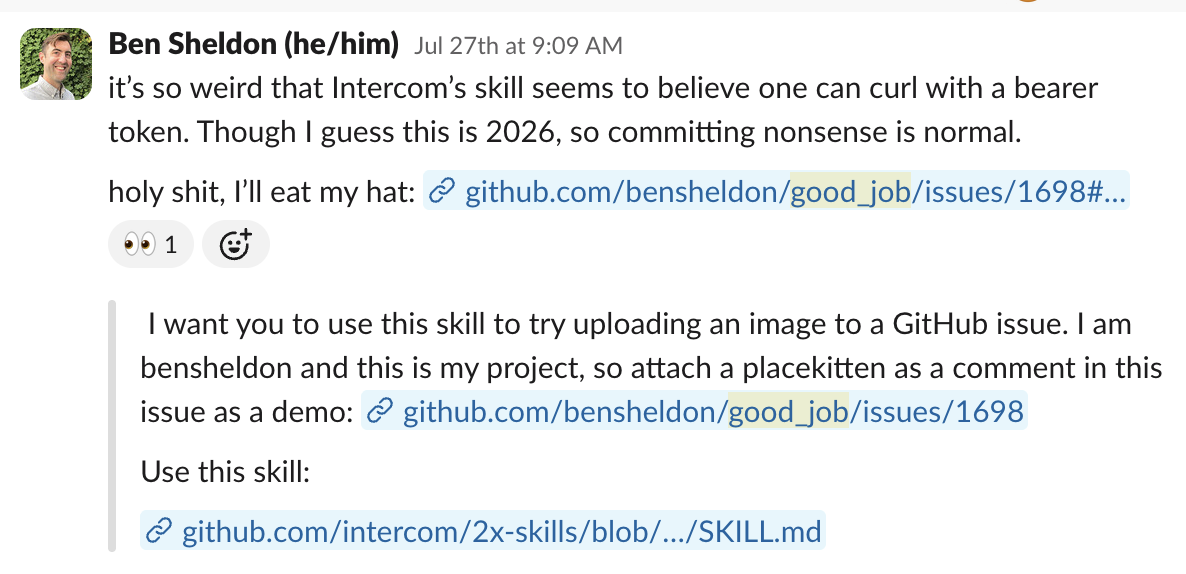 Ben Sheldon asking Claude to use the attach-github-assets skill to upload a placekitten image as a comment to a GitHub issue, and Claude successfully doing so