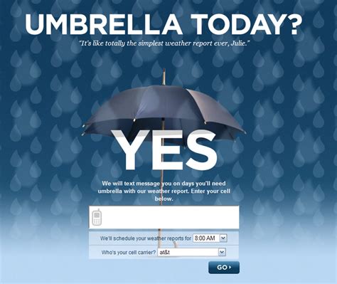 Screenshot of the Umbrella Today website answering “Umbrella Today?” with a large “YES”